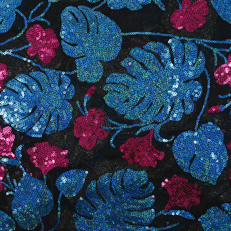 Tulle sequin fleurs et monstera bleu et rose