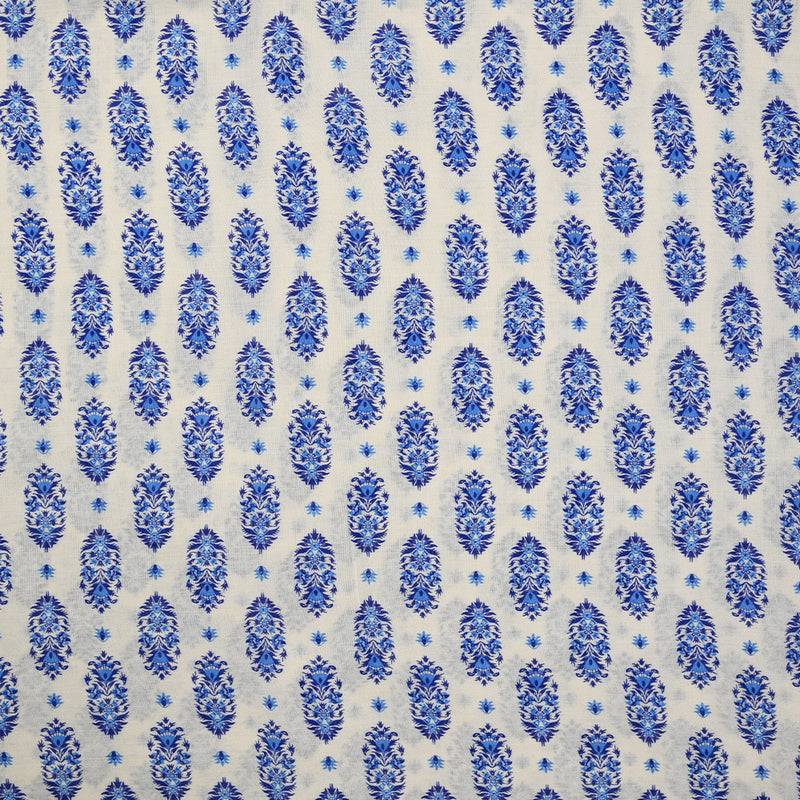 Voile de viscose imprimé capsule florale bleu fond blanc