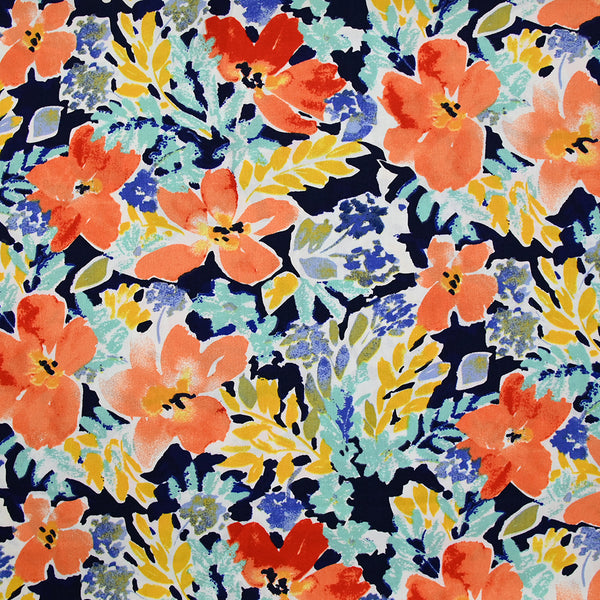 Viscose imprimée fleurs orange fond bleu marine