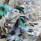 Coton imprimé élasthanne fleurs bleu et vert d'eau fond blanc