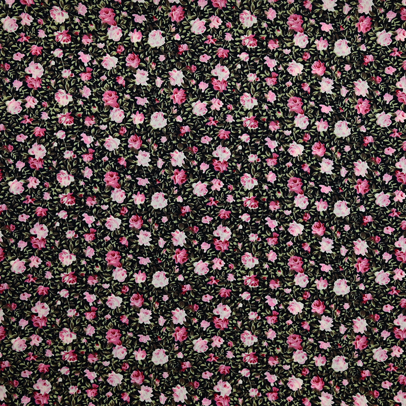 Crêpe de polyester imprimé une épopée florale rose fond noir