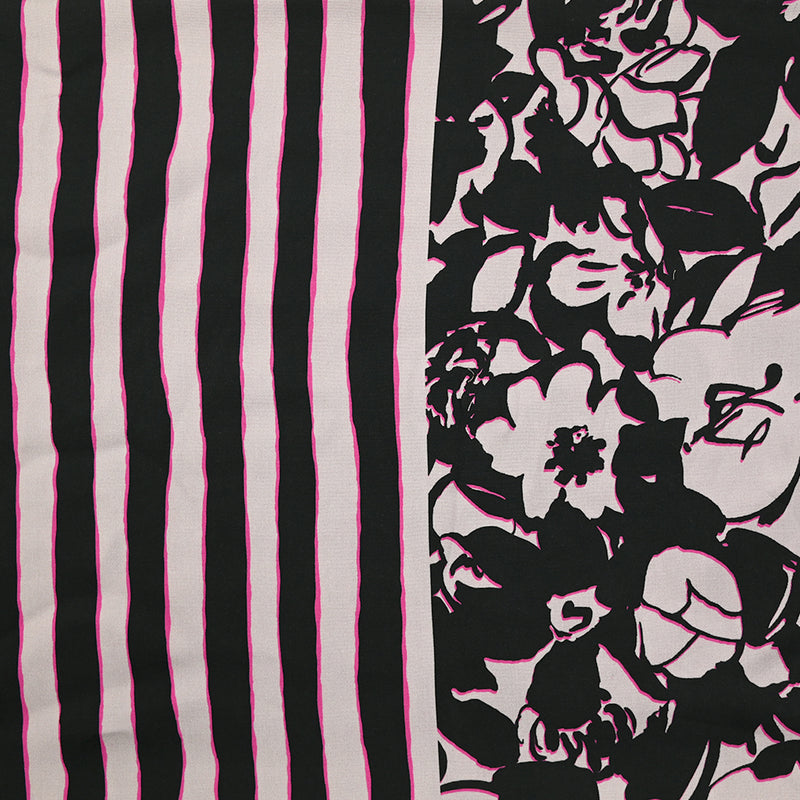 Viscose imprimée deux parties fleurs et rayures fuchsia et noir