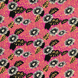 Viscose imprimée fleurs noir et blanc fond fuchsia