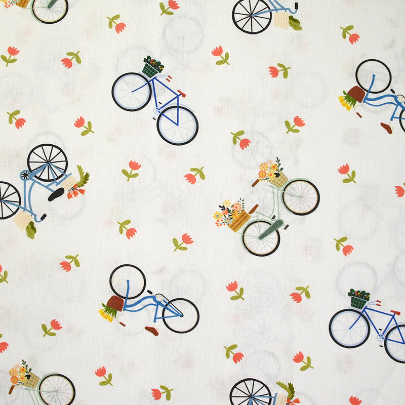 Coton imprimé balades à vélo fond blanc