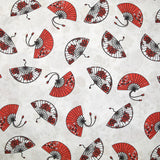Coton imprimé éventail rouge et noir fond blanc