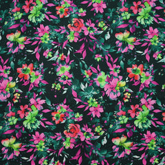 Coton imprimé fleuri graphique vert forêt et fuchsia fond noir