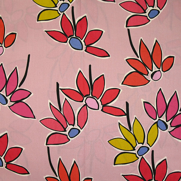 Coton satiné imprimé fleurs naïves orange fond rose