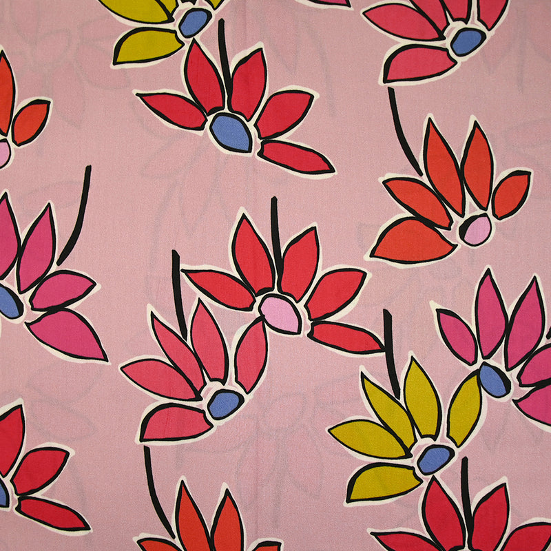 Coton satiné imprimé fleurs naïves orange fond rose