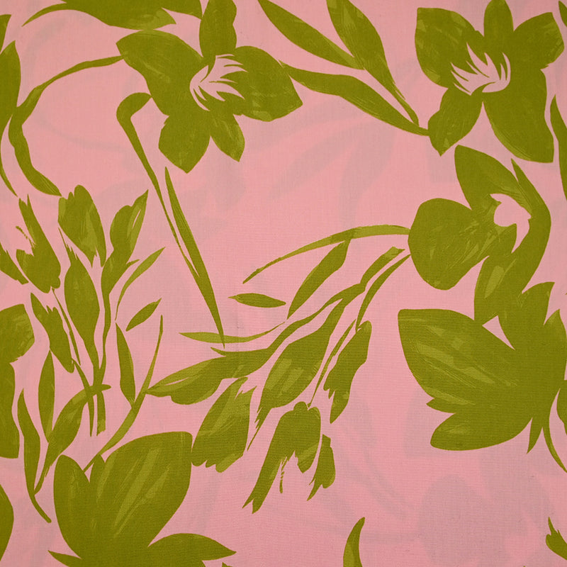 Coton satiné imprimé plantation rose et vert