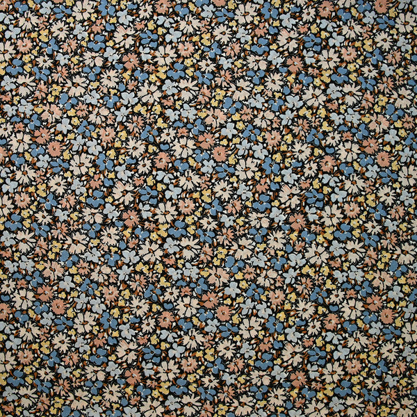 Crêpe de polyester imprimé multitude bleu et jaune fond noir