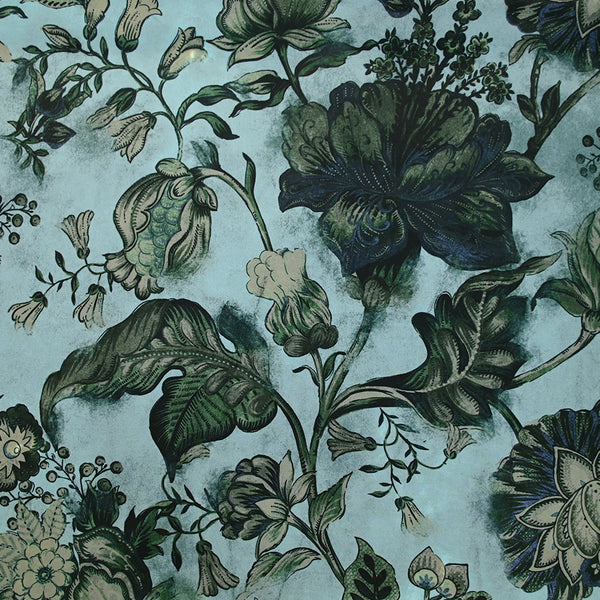 Crêpe georgette satin imprimé floral bleu et vert