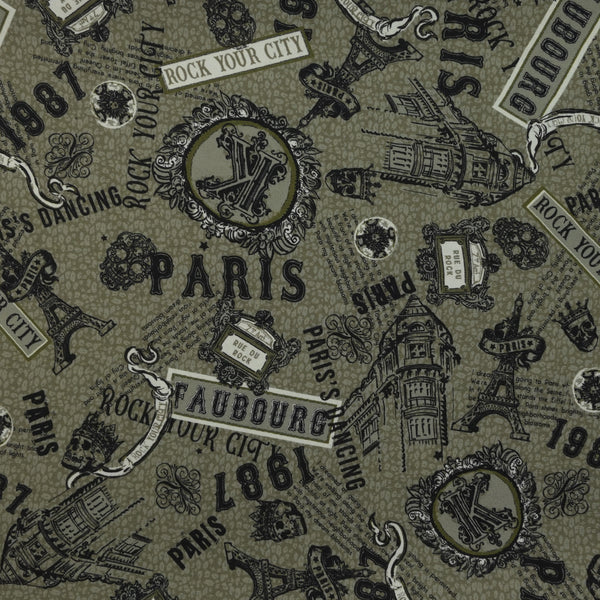 Crêpe polyester imprimé Paris fond kaki