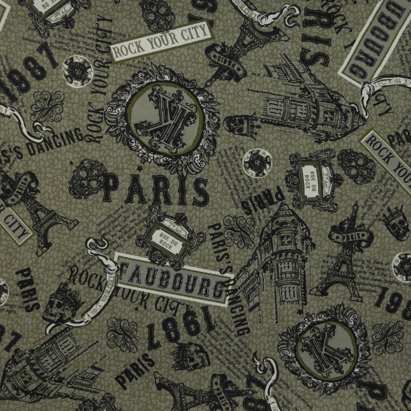 Crêpe polyester imprimé Paris fond kaki