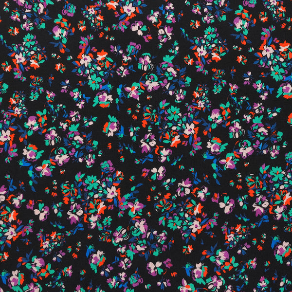 Crêpe viscose imprimé fleurs éclatantes vertes et orange fond noir