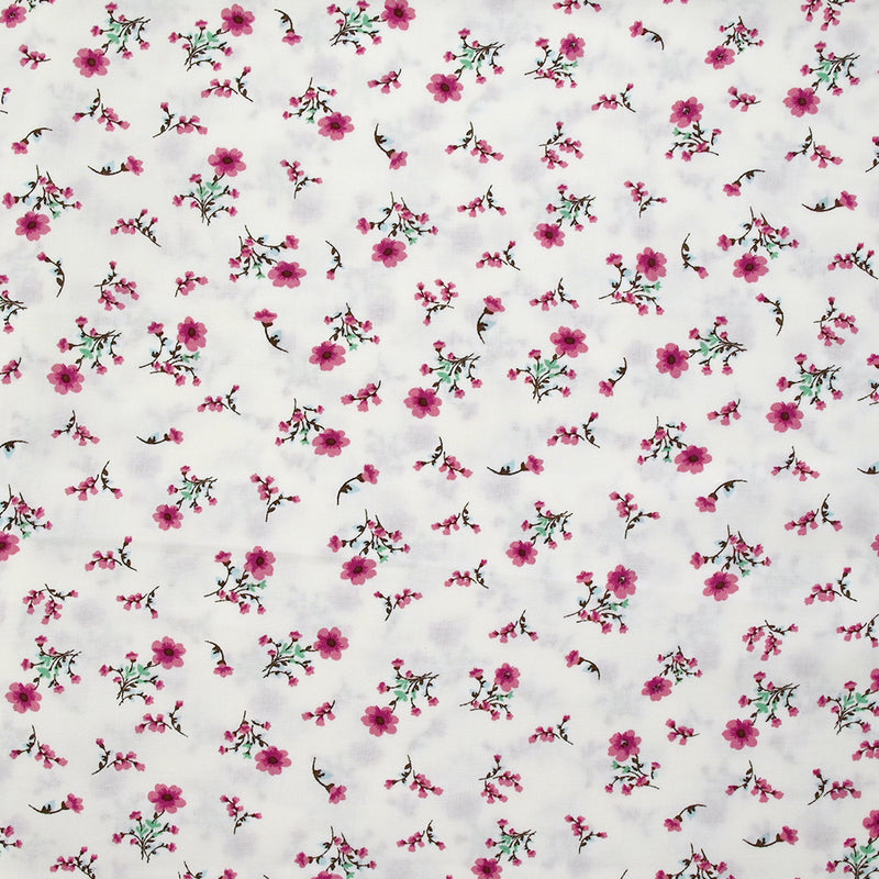 Viscose imprimée fleurettes roses fond blanc