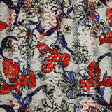 Dentelle imprimée polyester fleurs rouge fond blanc