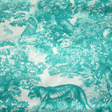 Satin de soie imprimé dans la jungle turquoise fond blanc