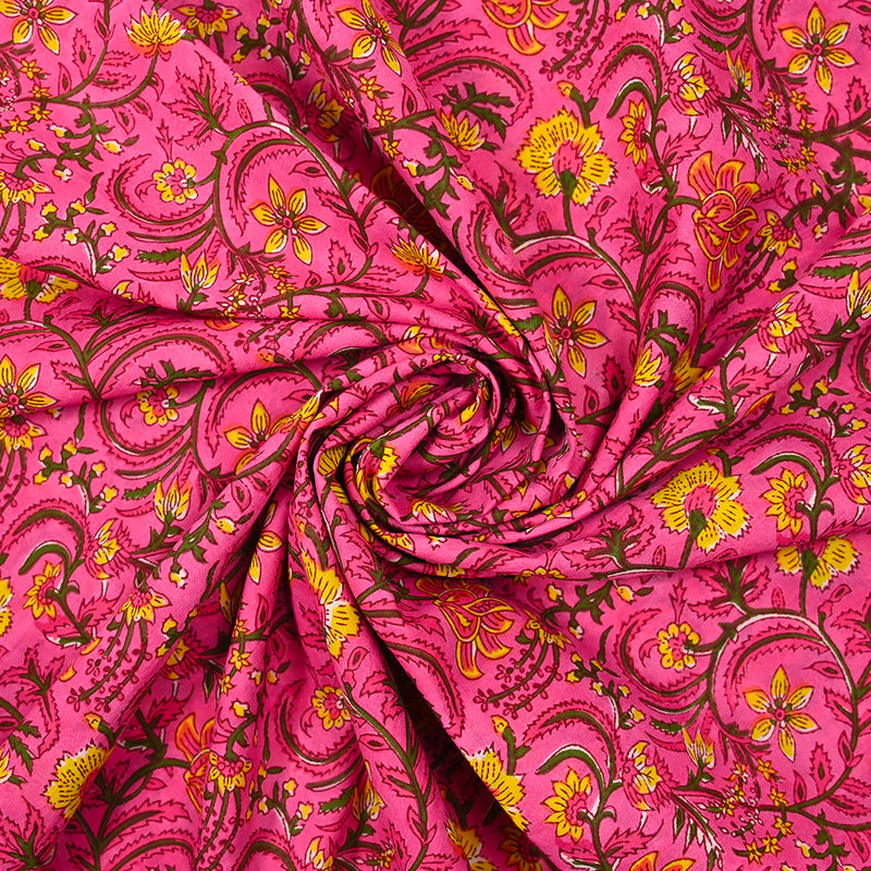 Indian cotton printed kali green and yellow pink background