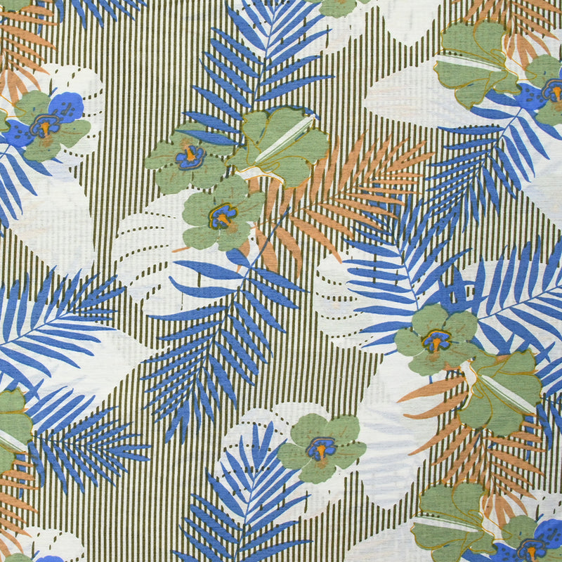 Viscose imprimée légère fleurs vertes et bleues fond rayé