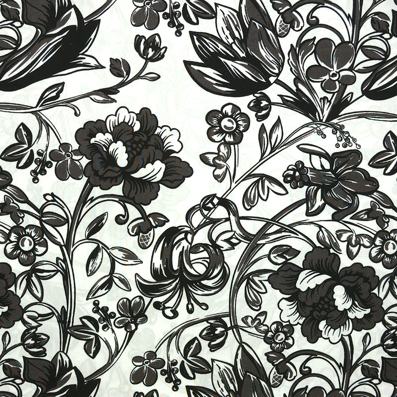Viscose imprimée fleurs géantes gris et noir fond blanc