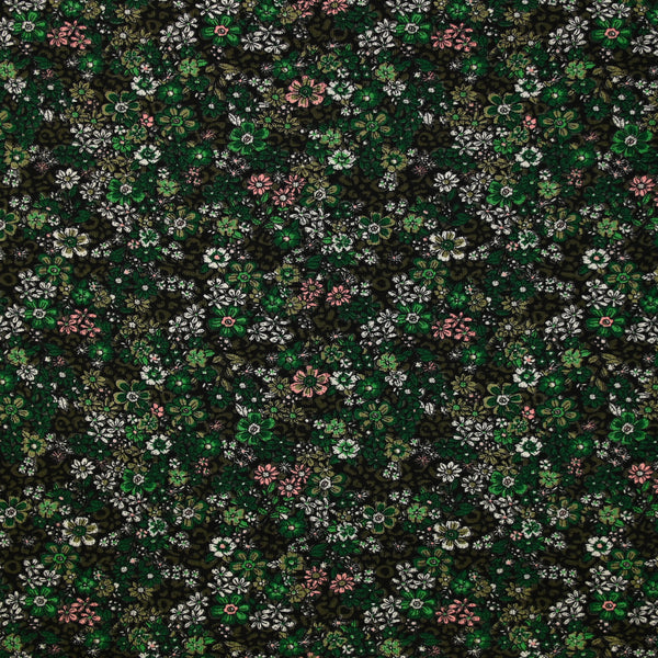 Jersey de coton imprimé rêverie vert et rose fond noir