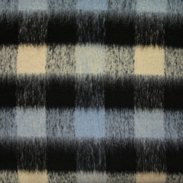 Laine mélangée brossée à poils longs carreaux noir, ciel et beige