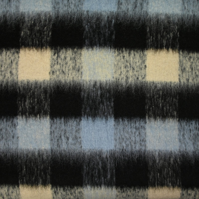 Laine mélangée brossée à poils longs carreaux noir, ciel et beige