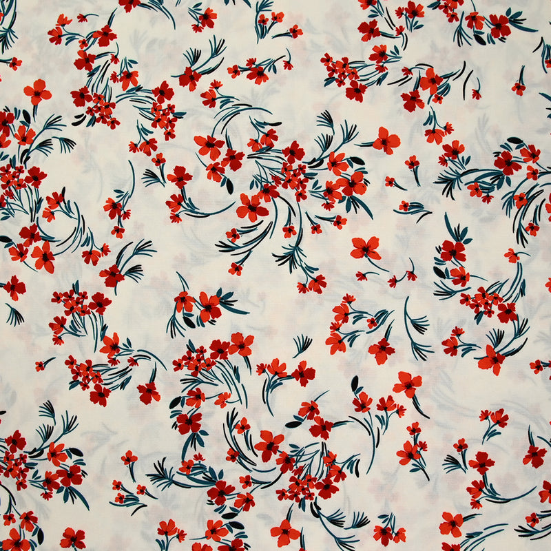 Polyester imprimé floral rouge et bleu sur fond ivoire