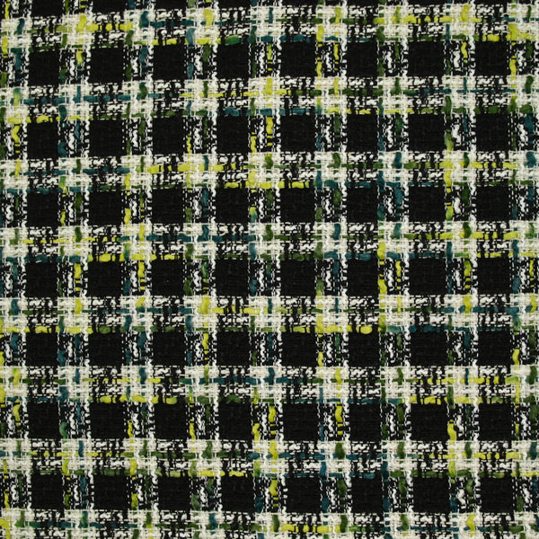 Tweed polycoton à carreaux noir, vert, jaune et bleu canard
