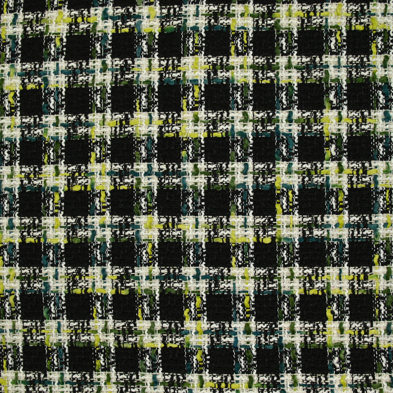 Tweed polycoton à carreaux noir, vert, jaune et bleu canard