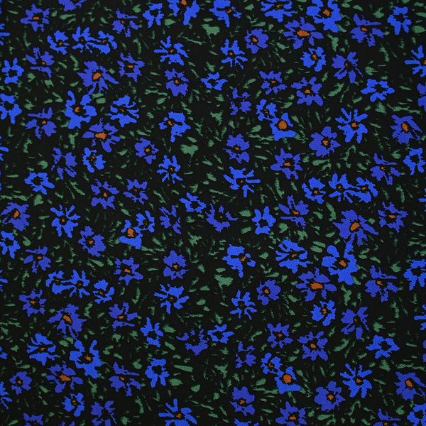 Twill de viscose imprimé champêtre bleu et vert sur fond noir