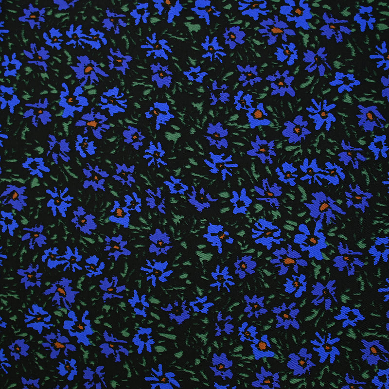 Twill de viscose imprimé champêtre bleu et vert sur fond noir