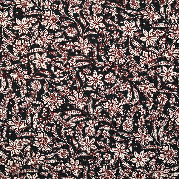 Twill de viscose imprimé floral baroque marron fond noir