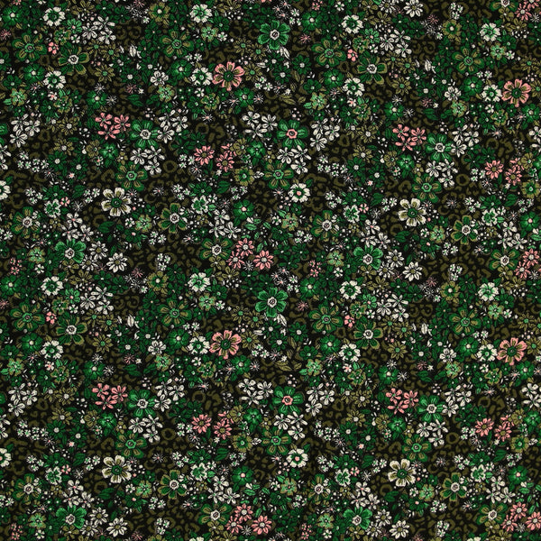 Twill de viscose imprimé rêverie vert et rose fond noir