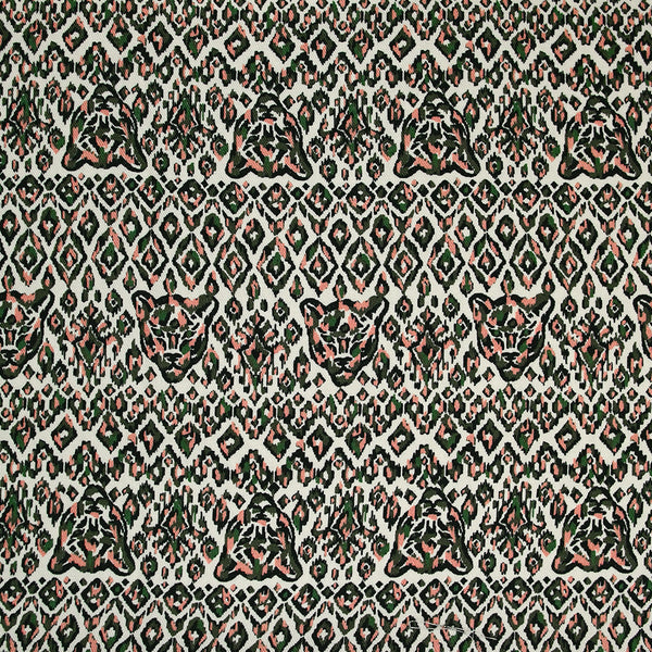 Twill de viscose imprimé tête de tigre vert et rose fond blanc cassé