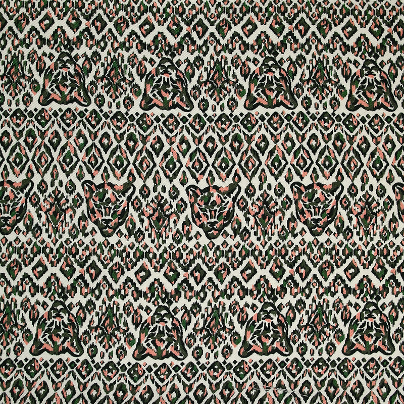 Twill de viscose imprimé tête de tigre vert et rose fond blanc cassé