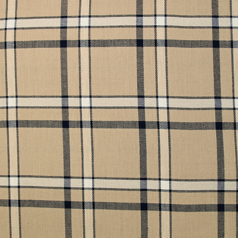 Twill de viscose tissé teint carreaux marine fond beige