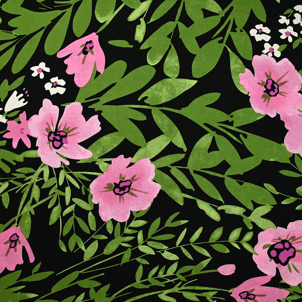 Viscose imprimée dans la nature vert et rose fond noir