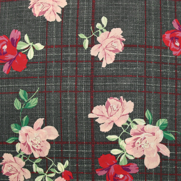 Viscose imprimée fleurs et carreaux fond violet clair