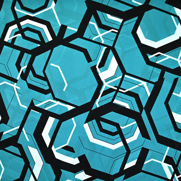 Voile imprimé géométrique turquoise et noir