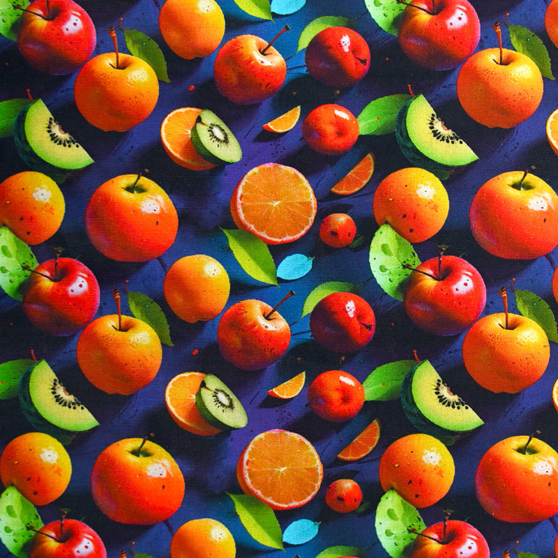 Coton imprimé multifruit fond bleu