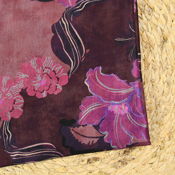 Satin de soie imprimé Milan fleurs magenta fond violet