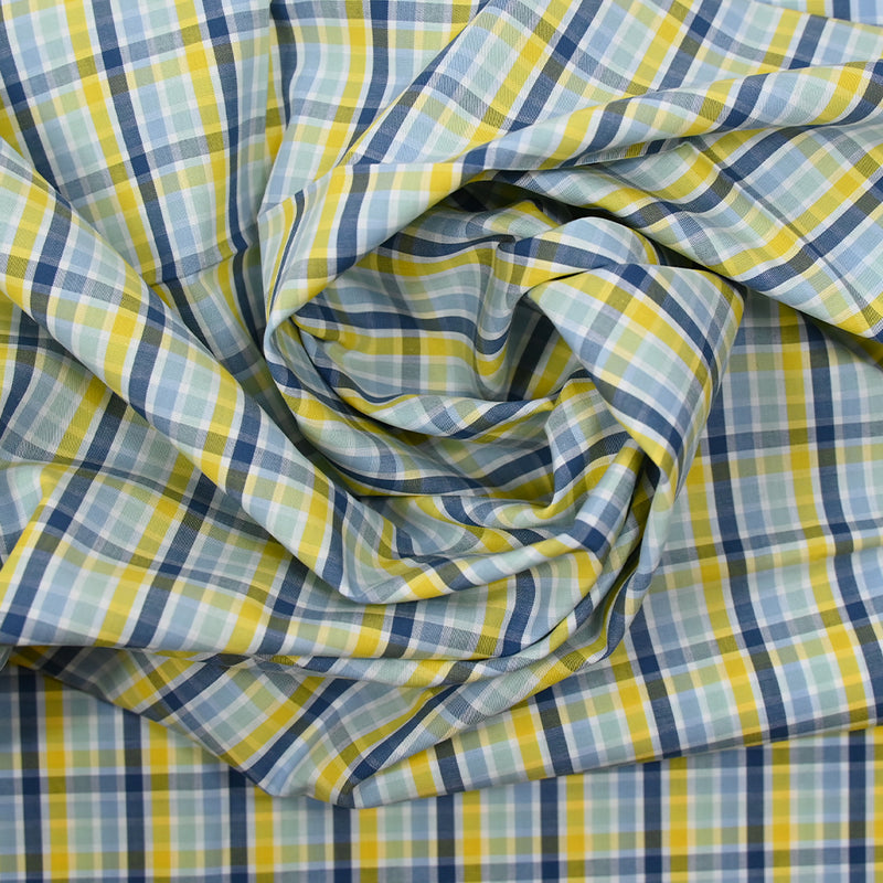 Coton chemise à carreaux ciel, jaune et marine