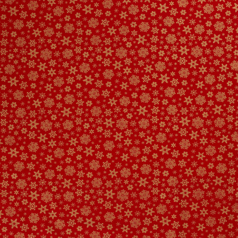 Coton imprimé et doré flocon de neige fond rouge