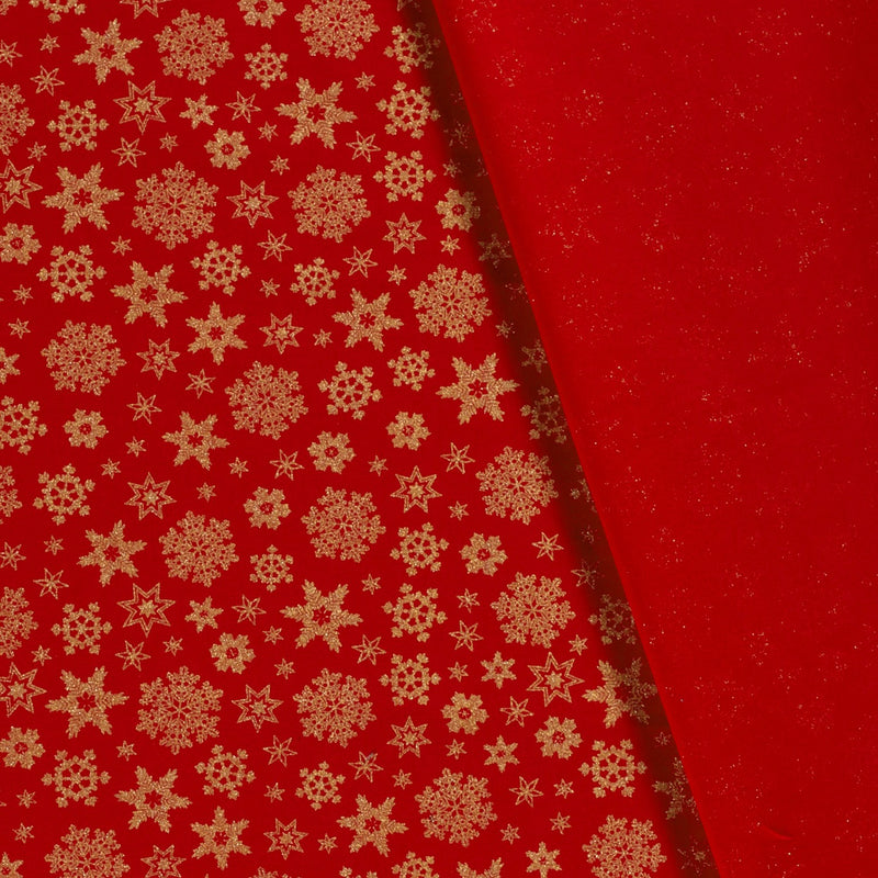Coton imprimé et doré flocon de neige fond rouge