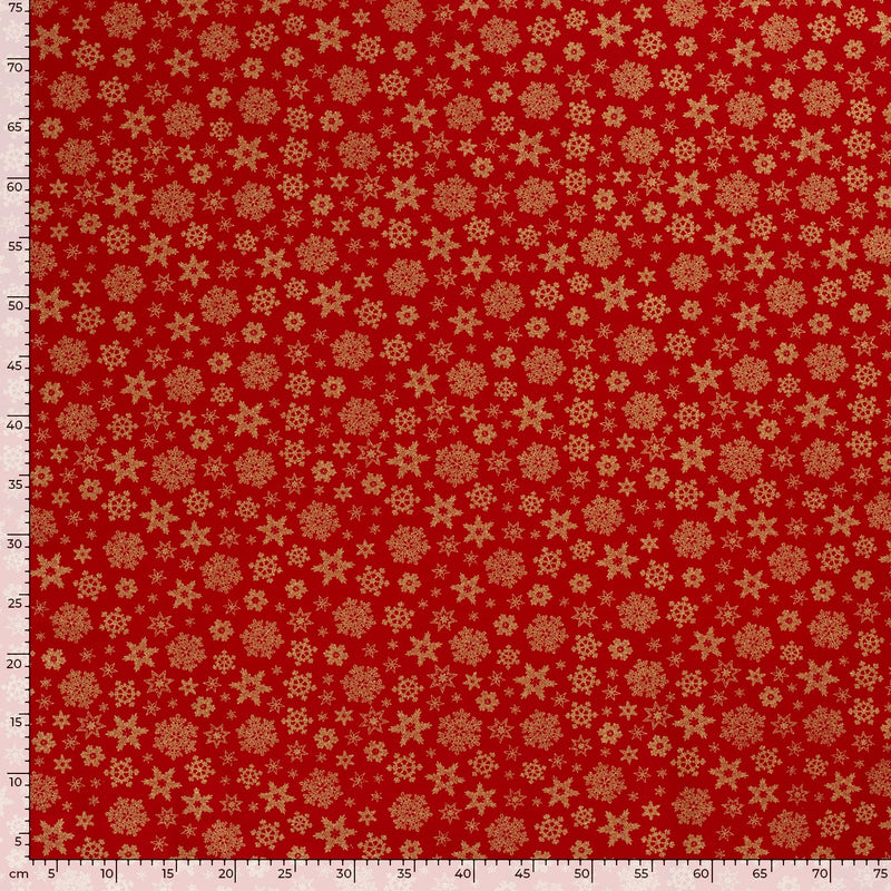 Coton imprimé et doré flocon de neige fond rouge
