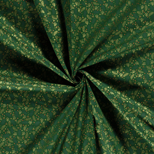 Popeline de coton imprimée feuille dorée fond vert