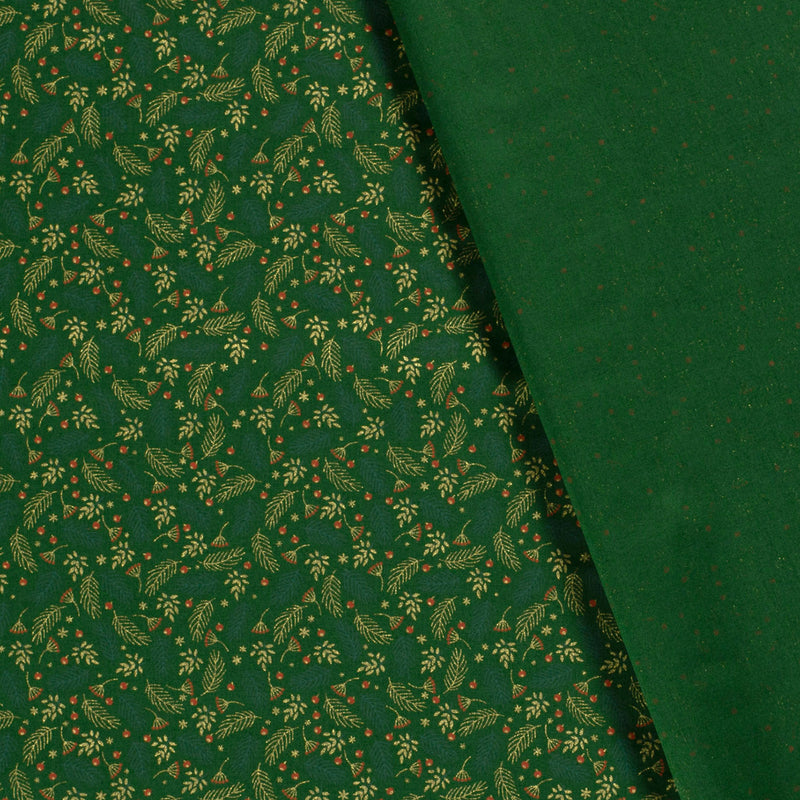 Popeline de coton imprimée feuille dorée fond vert