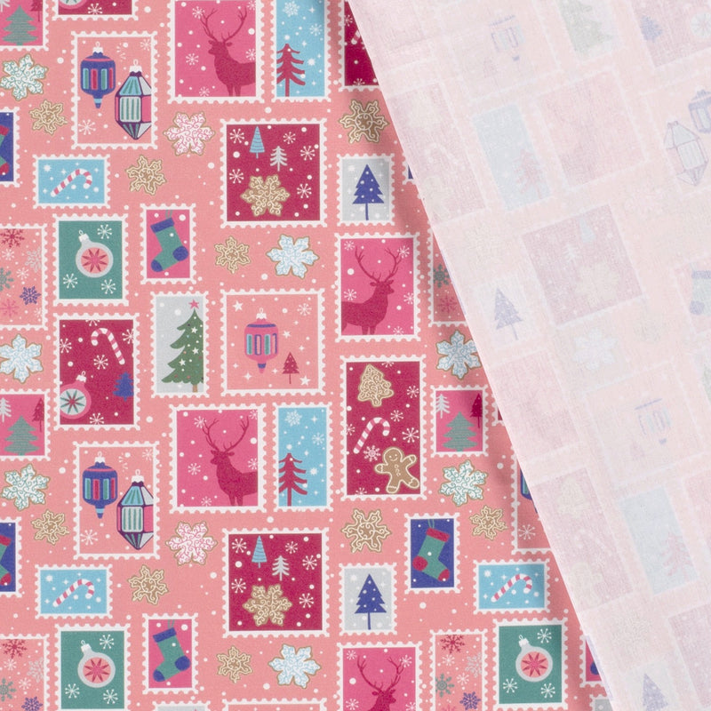 Coton de Noël imprimé flocons enchantés fond rose