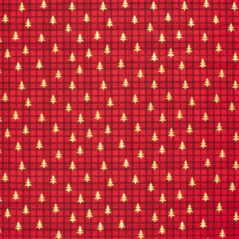 Coton de Noël imprimé tartan et sapin doré fond rouge